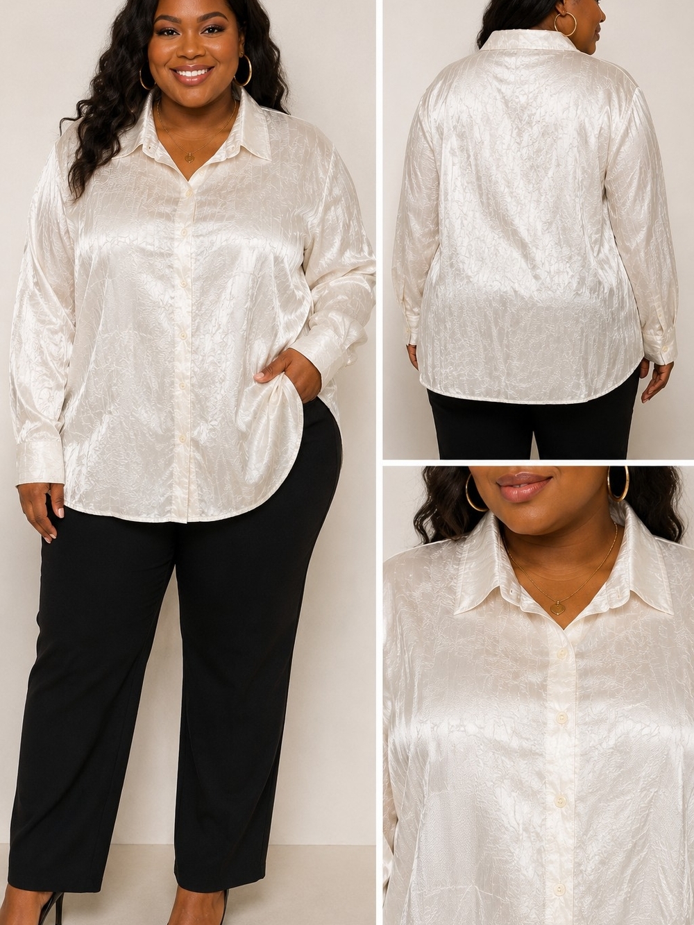 Cervelle Ivory Crinkle Satin Button Front Blouse Plus Size 2X NWOT